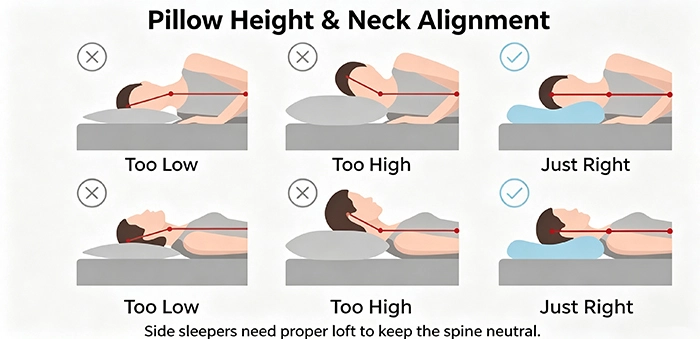Diagram showing cervical spine alignment with a high pillow, low pillow, and proper neutral alignment for neck stiffness prevention.